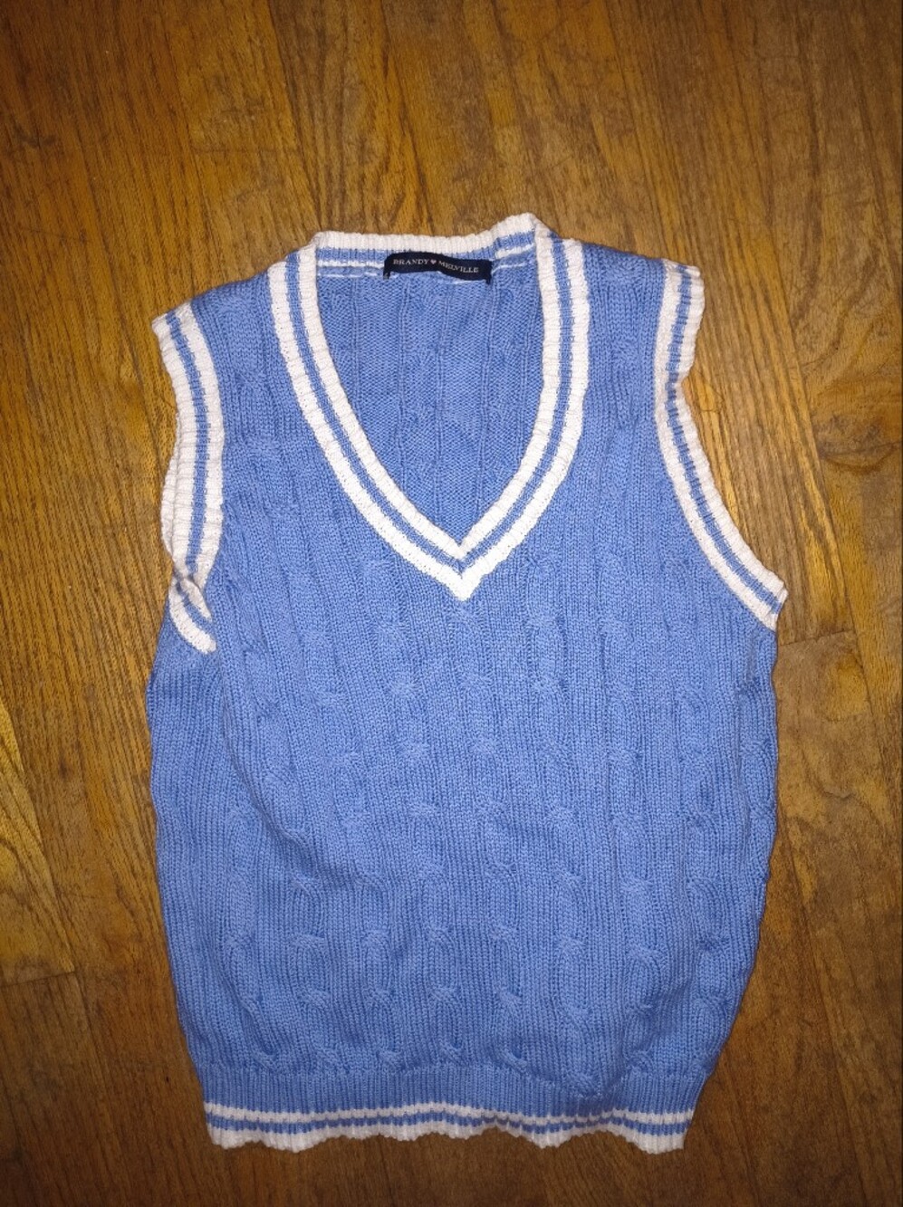 Brandy Melville Light Blue Cable Knit V-Neck Sweater Vest with White Trim